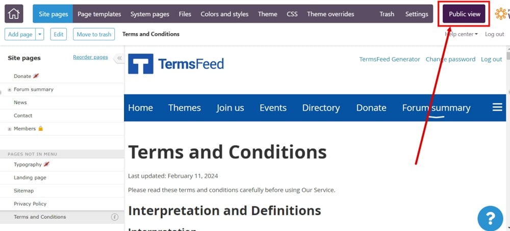 TermsFeed WildApricot - Terms and Conditions - Editor - Page Saved - Public View