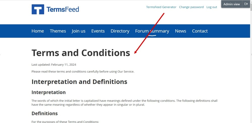 TermsFeed WildApricot - Terms and Conditions - preview displayed