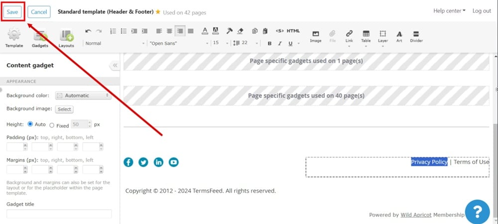 TermsFeed WildApricot - Website - Page Template - Standard template - Editor - Content - Privacy Policy link added - Save