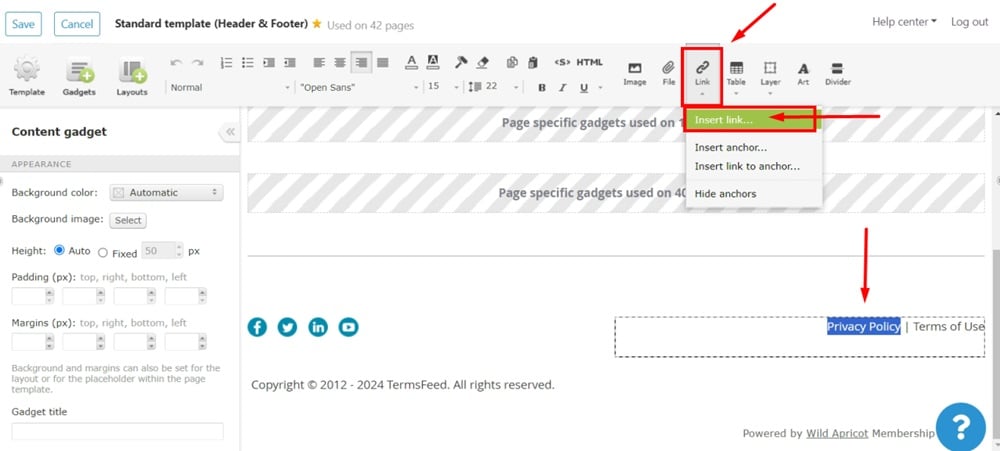 TermsFeed WildApricot - Website - Page Template - Standard template - Editor - Content - Select Privacy Policy text - Open link options - Select Insert link