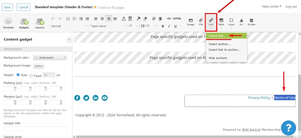 TermsFeed WildApricot - Website - Page Template - Standard template - Editor - Content - Select Terms of Use text - Open link options - Select Insert link