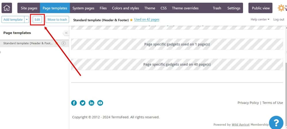 TermsFeed WildApricot - Website - Page Template - Standard template - Edit