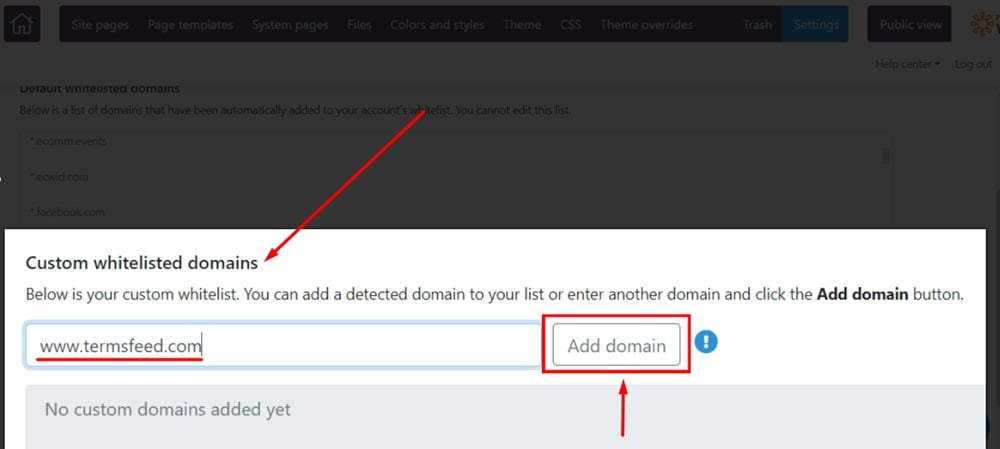 TermsFeed WildApricot - Website - Settings - Website security - JavaScript whitelist - add domain