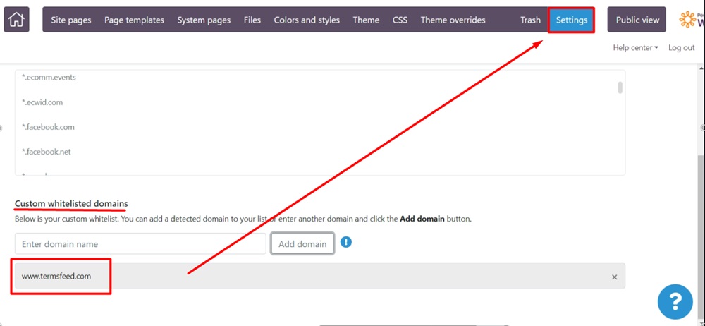 TermsFeed WildApricot - Website - Settings - Website security - JavaScript whitelist - domain added - Settings