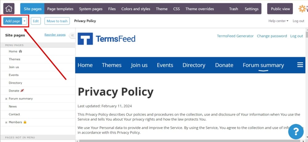 TermsFeed WildApricot - Website - Site Pages - Add page button