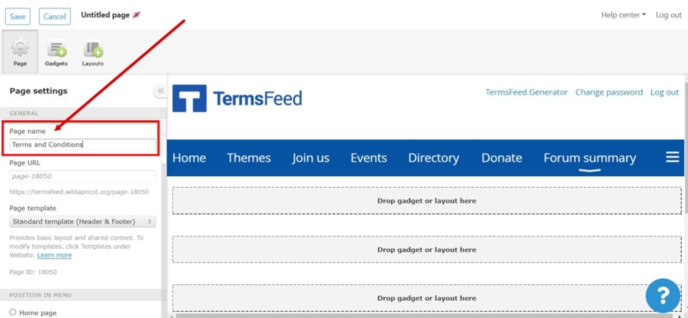 TermsFeed WildApricot - Website - Site Pages - New page name - Terms and Conditions