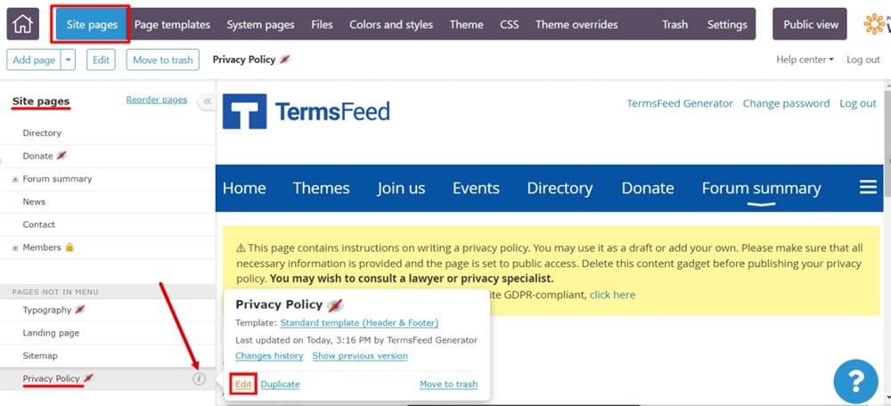 TermsFeed WildApricot - Website - Site Pages - Privacy Policy - info - Edit