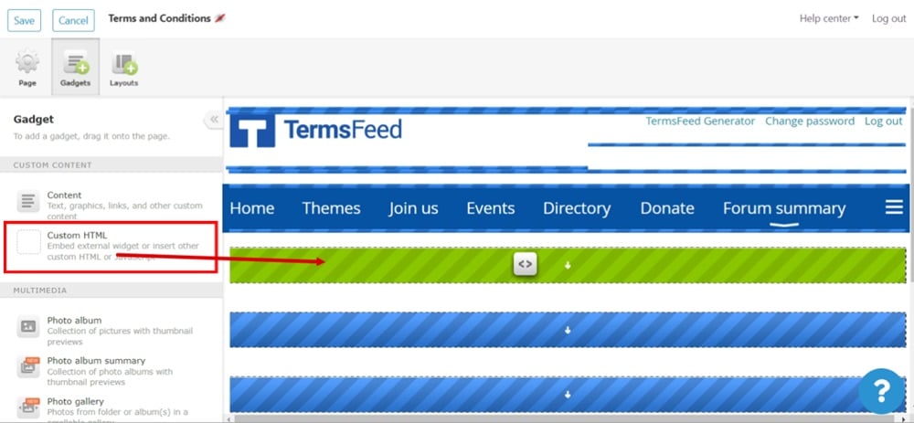 TermsFeed WildApricot - Website - Site Pages - Terms and Conditions page - Gadgets -Custom HTML drag and drop