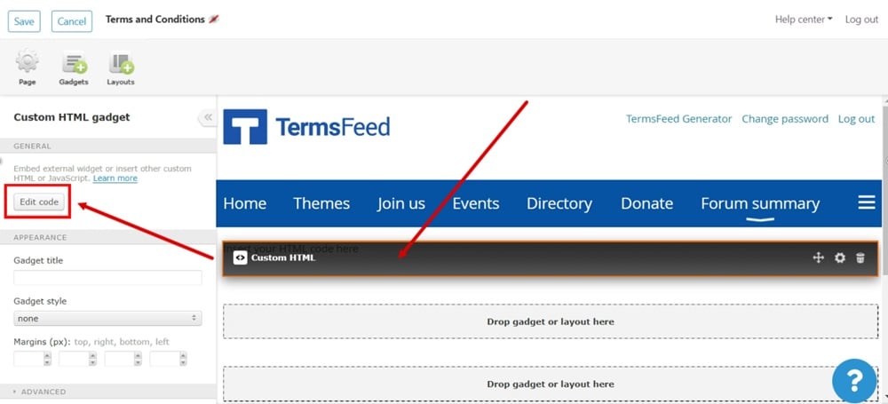 TermsFeed WildApricot - Website - Site Pages - Terms and Conditions page - Gadgets -Custom HTML - open options - Edit code