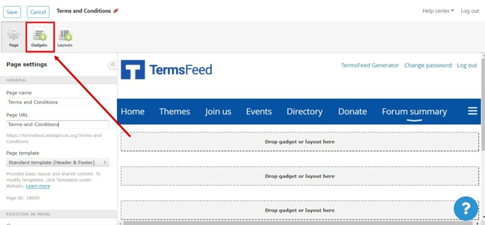 TermsFeed WildApricot - Website - Site Pages - Terms and Conditions page - Gadgets tab