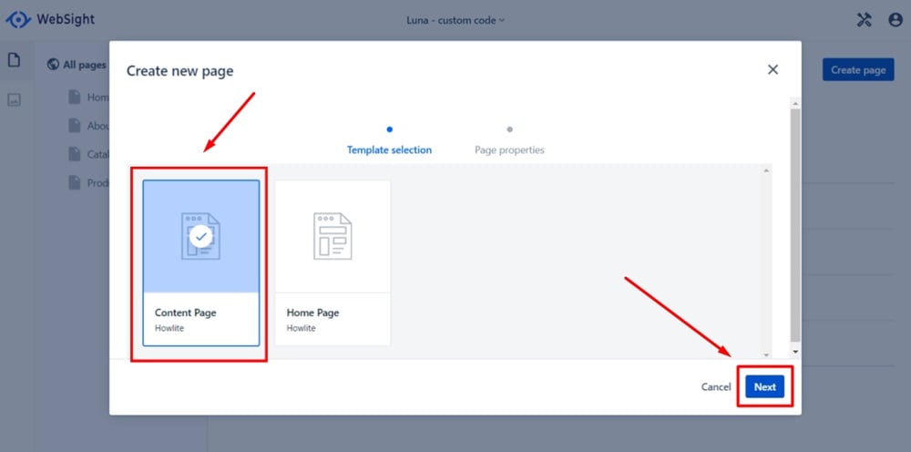 WebSight Demo Luna - Create page new - Select Template and click Next