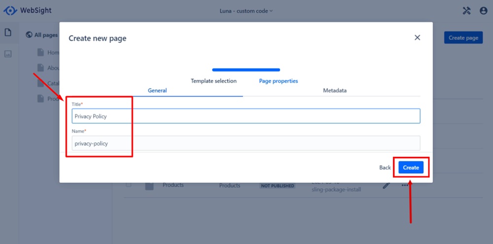 WebSight Demo Luna - Create page new - Type Privacy Policy in the Title field and click Create