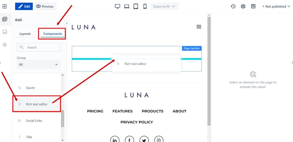 WebSight Demo Luna - Page editor - Switch to the Components tab, select Rich text editor, and drag and drop it into the Page section