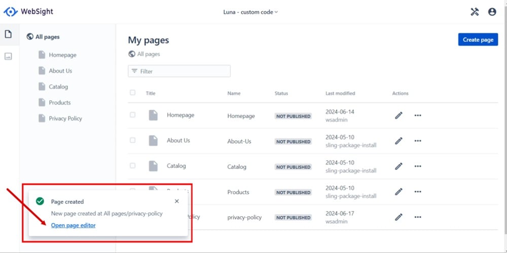 WebSight Demo Luna - Privacy Policy page created notification - Open page editor link highlighted