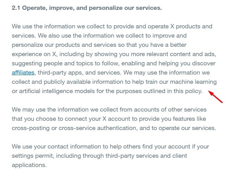 X Privacy Policy: Operate Improve Personalize Services clause