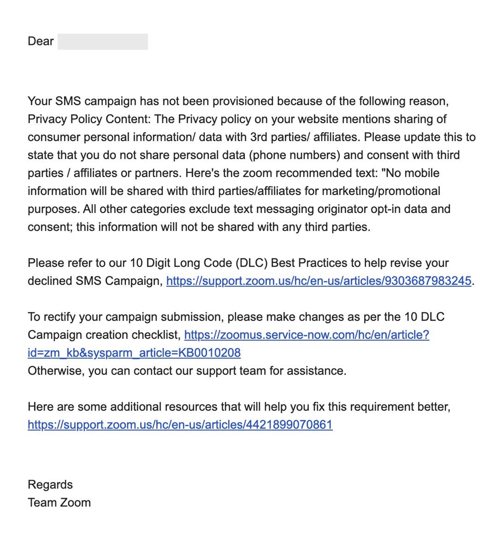 Zoom campaign email for non-compliance with 10-digit long code