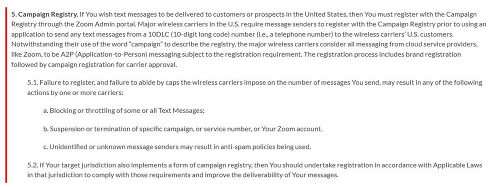 Zoom Policy for Text Messaging Service: Campaign Registry clause