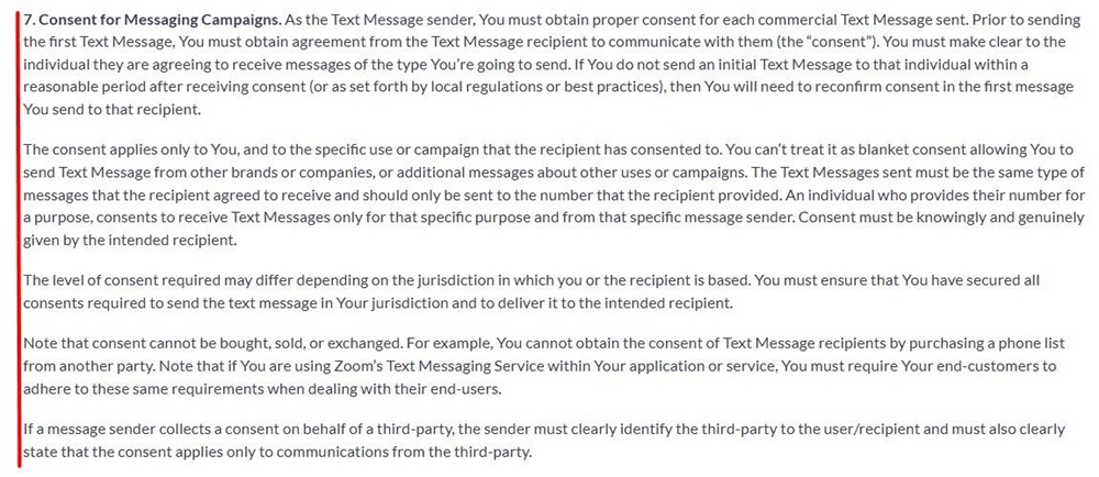 Zoom Policy for Text Messaging Service: Consent for Messaging Campaigns clause