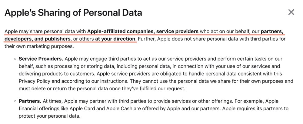 Apple Privacy Policy: Sharing of Personal Data clause