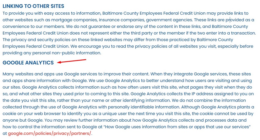 Baltimore County Employees Federal Credit Union Privacy Policy: Google Analytics clause