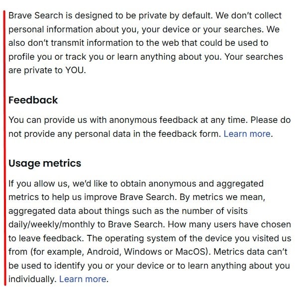 Brave Search Privacy Policy excerpt