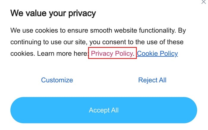 Cookie consent mechanism with Privacy Policy link highlighted