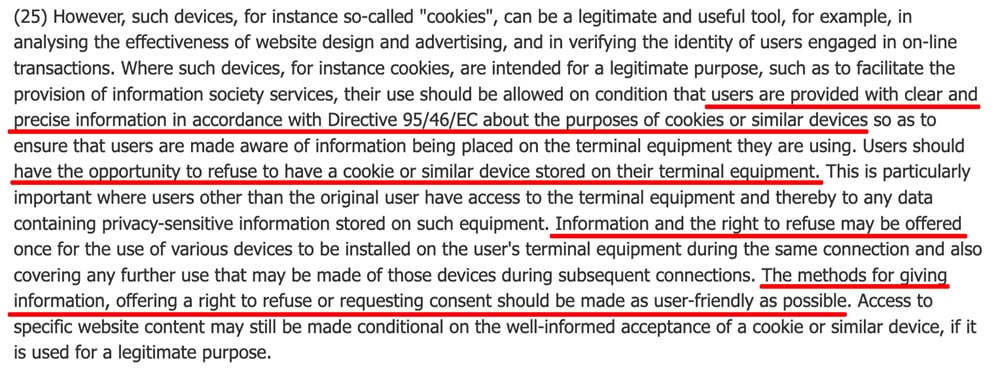 ePrivacy Directive Section 25: Cookie notice and consent section