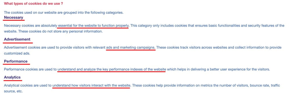 EuroSea Cookie Policy: Types of cookies clause