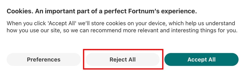 Fortnum and Mason cookie consent notice