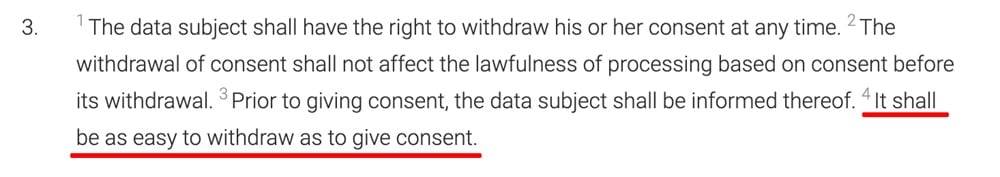 GDPR Article 7 Section 3: Withdraw consent