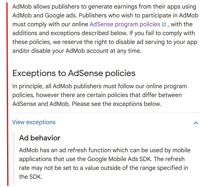 Google AdMob and AdSense Behavioral Policies: Exceptions clause