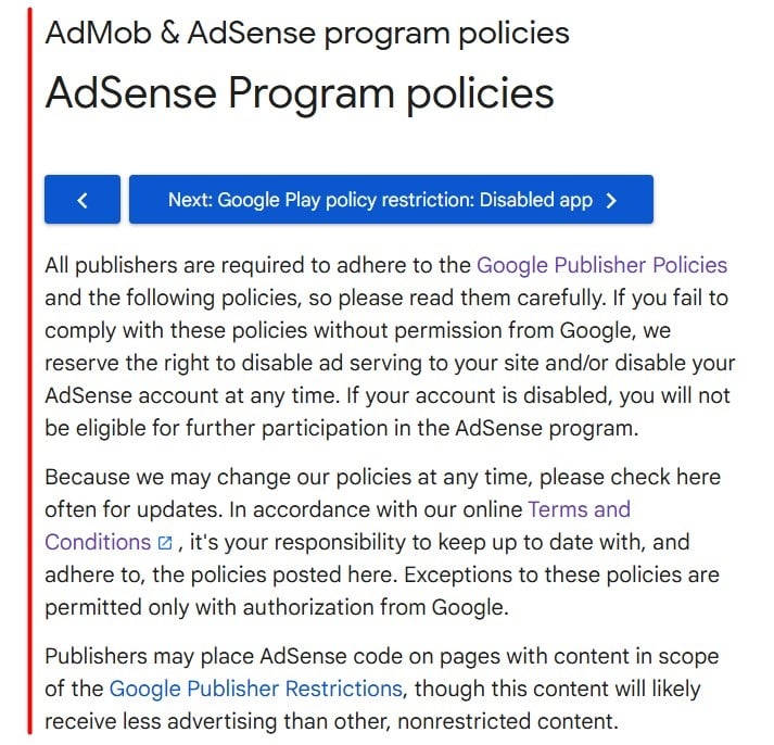 Google AdSense Program Policies excerpt