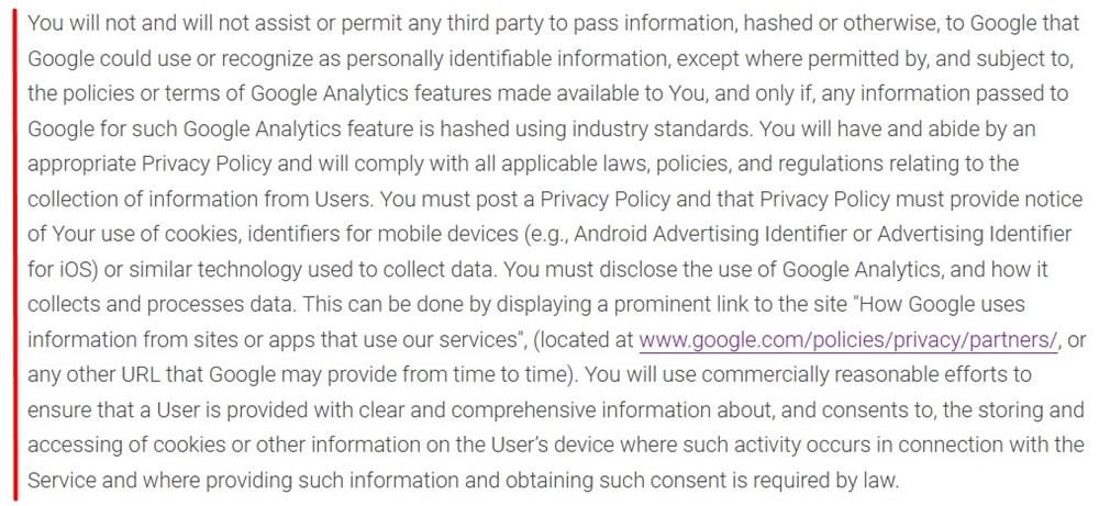 Google Analytics Terms of Service excerpt