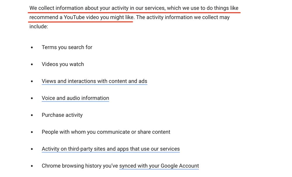 Google Privacy Policy: Collect information clause excerpt