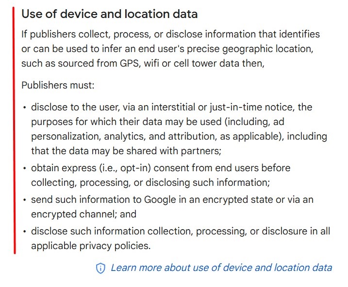 Google Publisher Policies: Use of device and location data clause