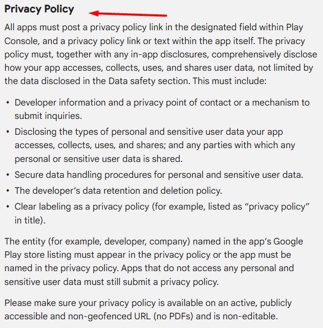 Google User Data page: Privacy Policy section