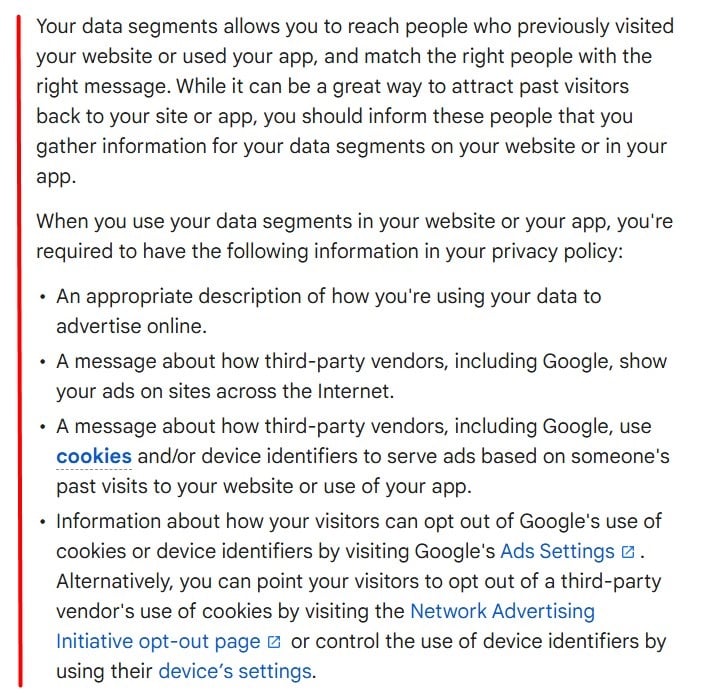 Google What to include in your privacy policy for data segments page excerpt