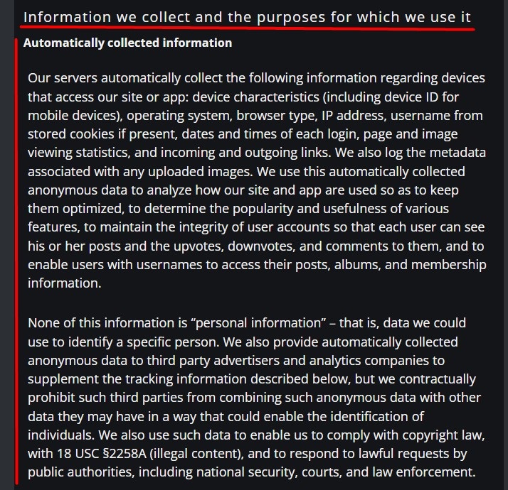 Imgur Privacy Policy: Information we collect clause