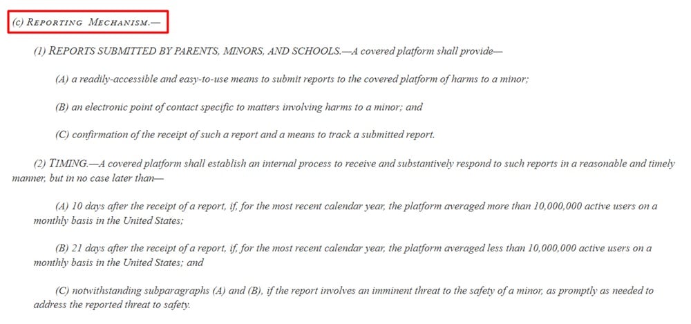 Kids Online Safety Act: Reporting Mechanism section