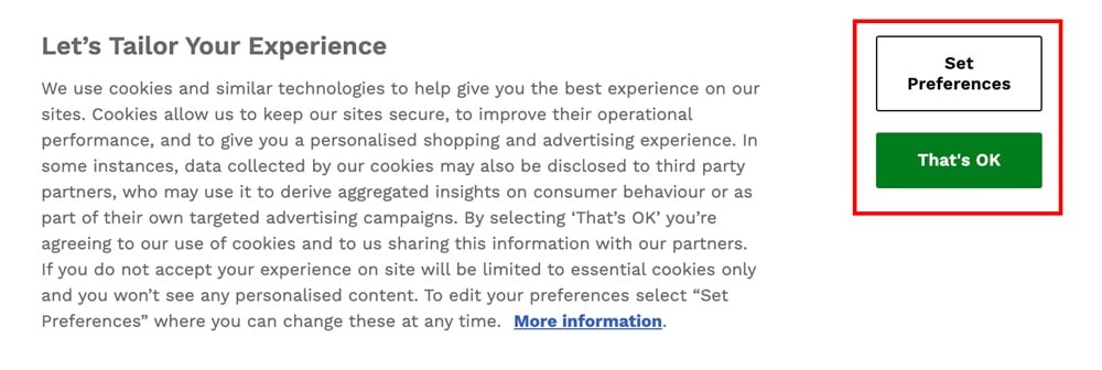 Lookfantastic cookie consent notice