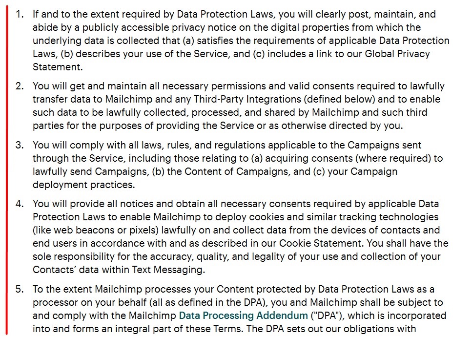 Mailchimp Standard Terms of Use excerpt