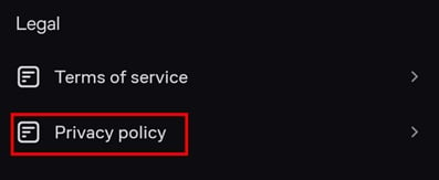 Mobile legal menu with Privacy Policy section highlighted