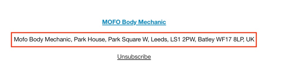 MOFO Body Mechanic email footer with business information