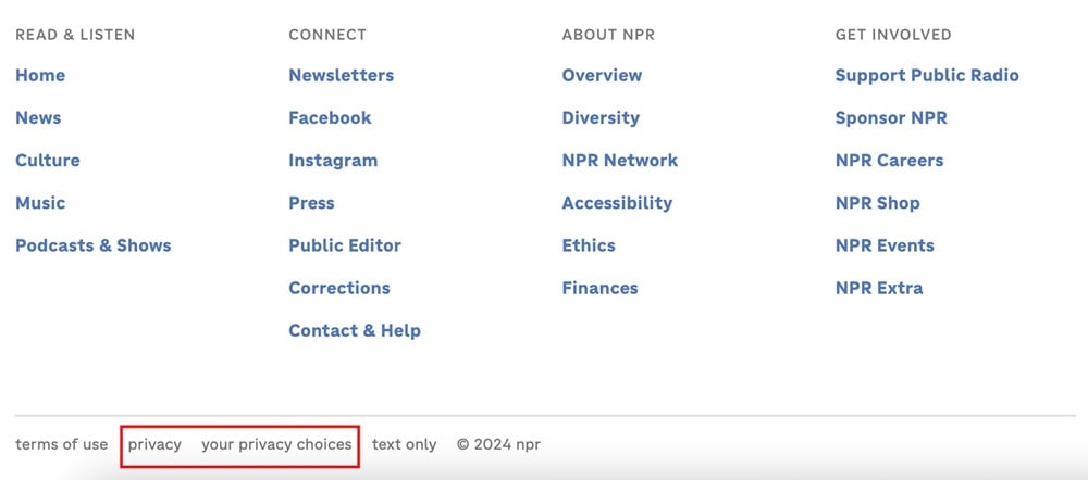 NPR website footer with privacy links highlighted