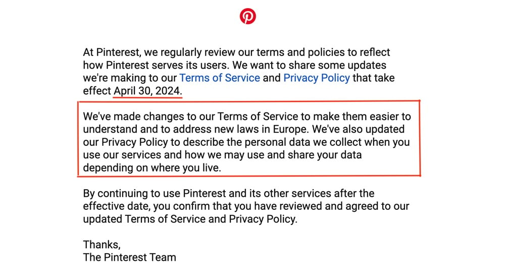 Pinterest Privacy Policy update notice for April 2024