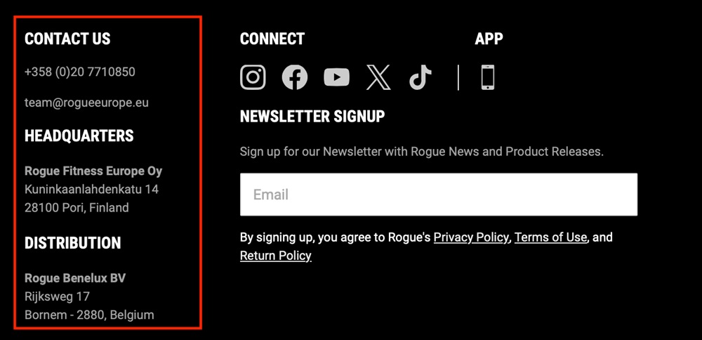 Rogue Fitness website footer with business information highlighted