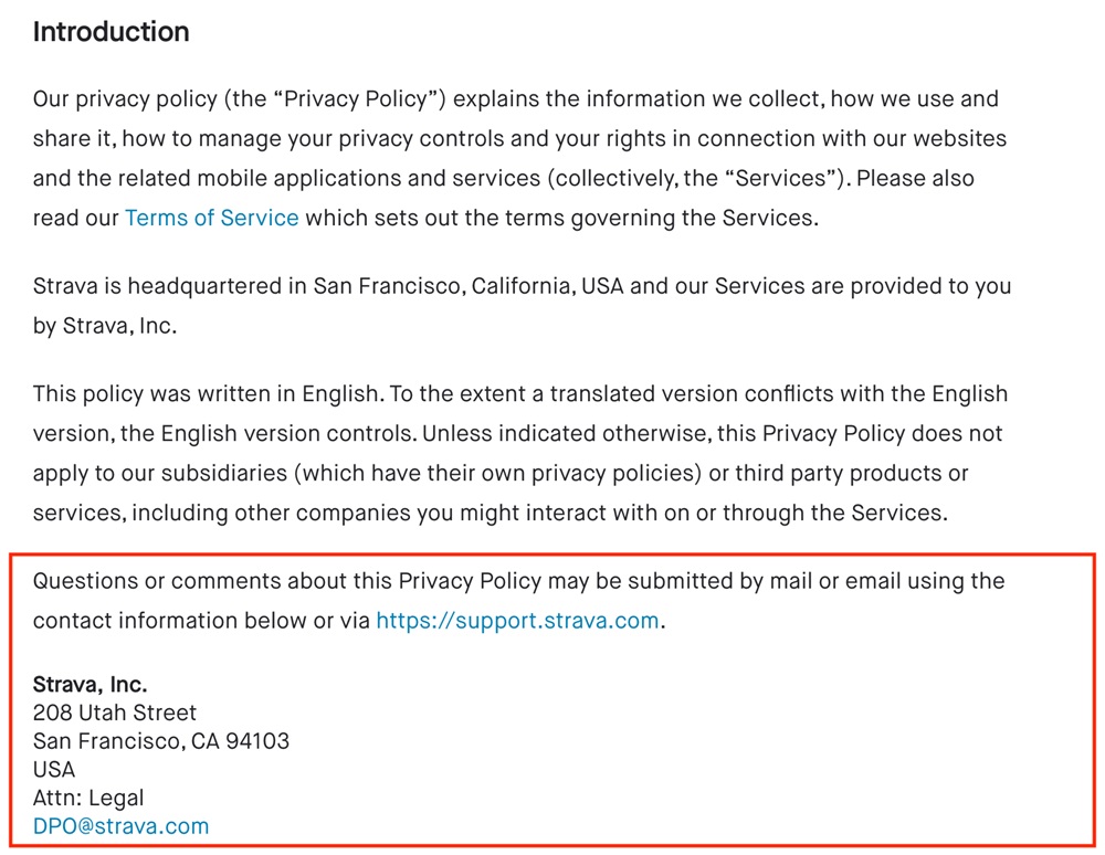 Strava Privacy Policy: Contact clause