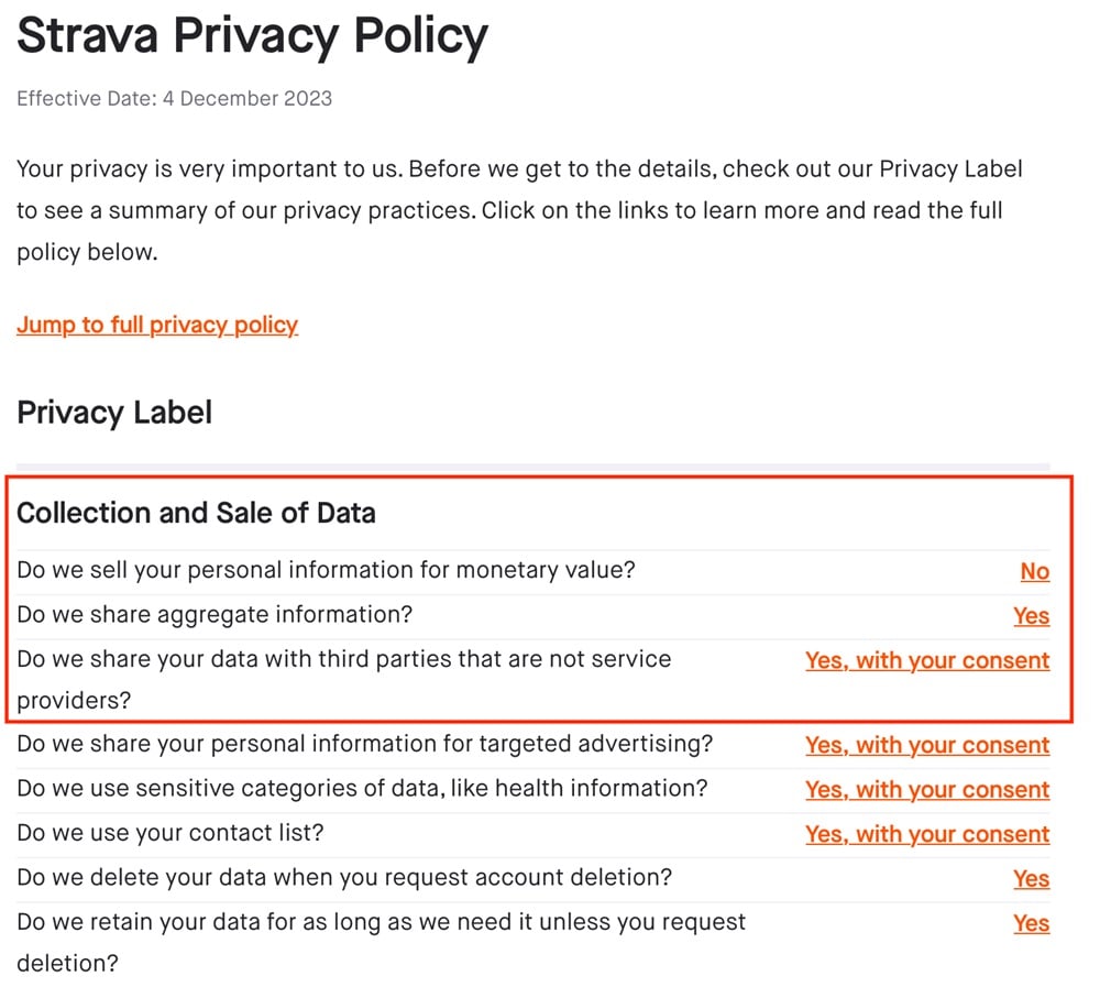 Strava Privacy Policy: Label summary section