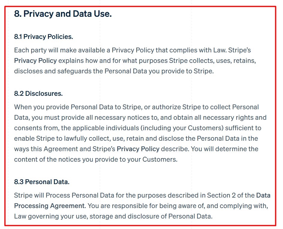 Stripe Services Agreement: Privacy and data use section