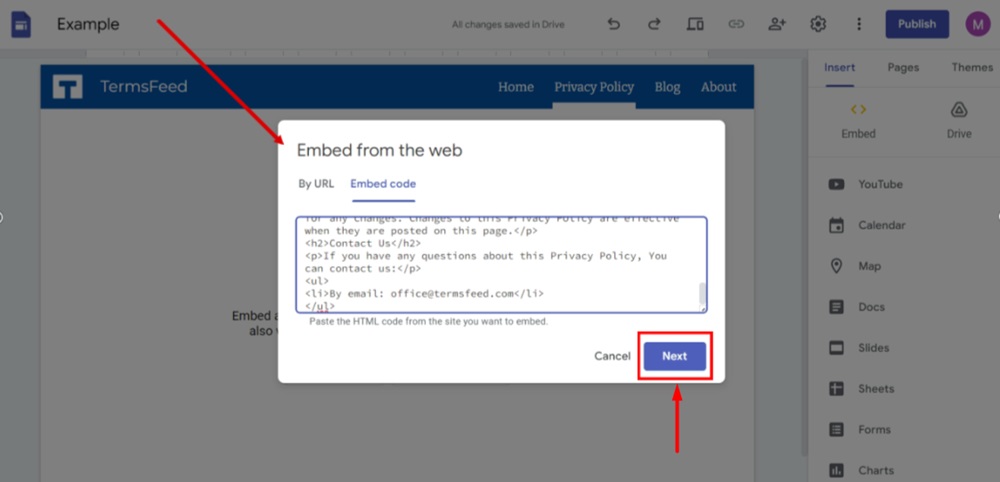 TermsFeed Google Sites Example - Privacy Policy page - Add Embed code - Pasted - Next